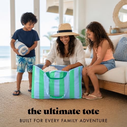 Fit & Fresh All The Things XL Beach Bag for Women, Oversized Travel Tote - color: Blue & Green Stripe
