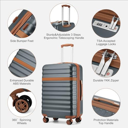 Kono Checked Luggage 28in Expandable Hardside TSA Lock Grey | Large Size Spinner Wheels Lightweight Capacity and Lighter Weight Suitable accommodate itineraries of more than 10 days - color: Grey/Brown, size: Checked-large 28-inch