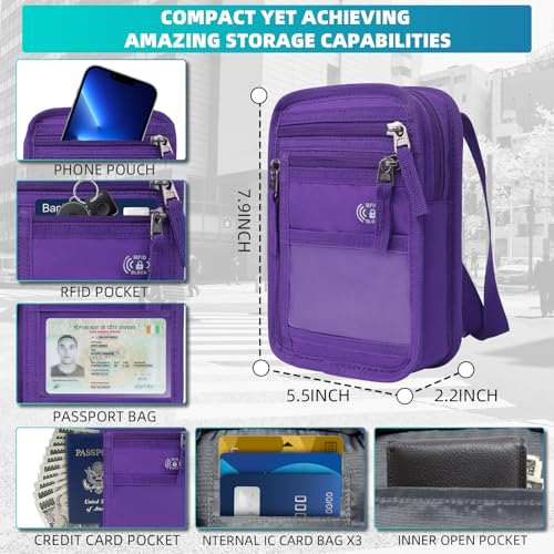 RFID Neck Wallet for Travel, Passport Holder, Money Pouch - color: Purple
