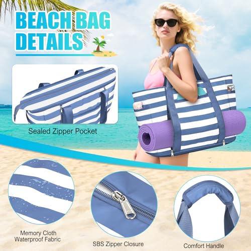 Extra Large Beach Bags for Women Waterproof Sandproof Beach Tote Bag - color: Gray Blue and White