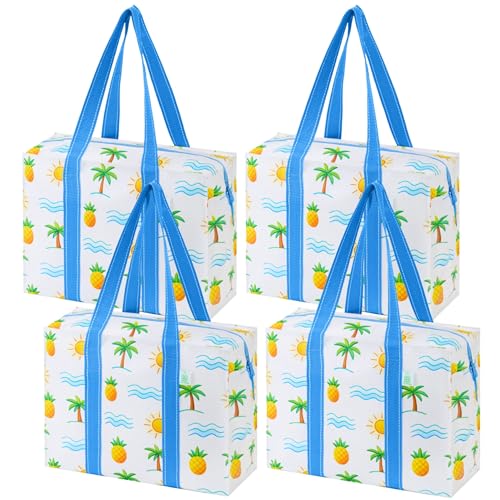 VENO 4 Pack Utility Tote Reusable Grocery Bags with Zipper & Hard Bottom - color: Tropical Island, size: 4 Pack