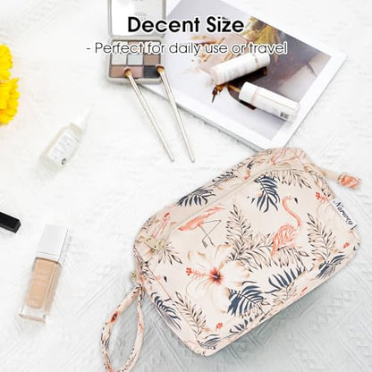 Narwey Travel Makeup Bag Toiletry Bag, Wide Open Cosmetic Bag for Women - color: B-Beige Flamingo, size: Small