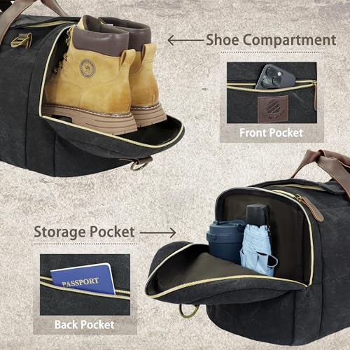 Duffle Bag for Travel - 50L Canvas Duffle Bag Weekend Overnight Bag - color: Black