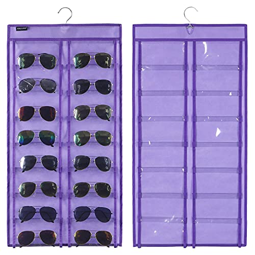 Dual Sided Hanging Sunglasses Organizer Wall Eyeglass Holder Sunglass Rack for Home with 32 Dust Proof Pockets (32 Pockets-Purple) - color: 32 Pockets-Purple