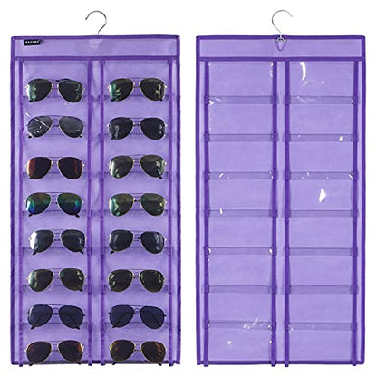 Dual Sided Hanging Sunglasses Organizer Wall Eyeglass Holder Sunglass Rack for Home with 32 Dust Proof Pockets (32 Pockets-Purple) - color: 32 Pockets-Purple
