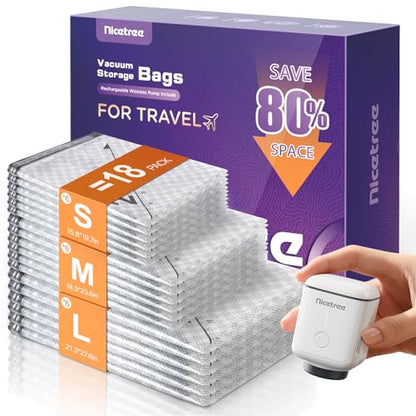 Nicetree 18 Pack Vacuum Storage Bags for Travel with Rechargeable Pump - style: 18 Combo Set