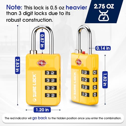 SURE LOCK TSA Approved 4-Digit Resettable Combination Luggage Lock with Open Alert, Easy-Read Dials - for Luggage, School Lockers, Gym, Office, Toolbox & Security Cases(Yellow 1PACK) - color: Yellow