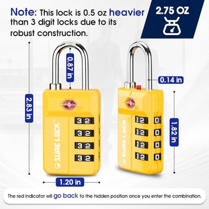 SURE LOCK TSA Approved 4-Digit Resettable Combination Luggage Lock with Open Alert, Easy-Read Dials - for Luggage, School Lockers, Gym, Office, Toolbox & Security Cases(Yellow 1PACK) - color: Yellow