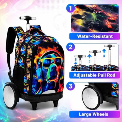 3Pcs Rolling Backpack for Boys with Detachable Large Wheels, Kids Cool Dog Wheeled Backpack Set for Elementary School Travel (Black) - color: Dog Black
