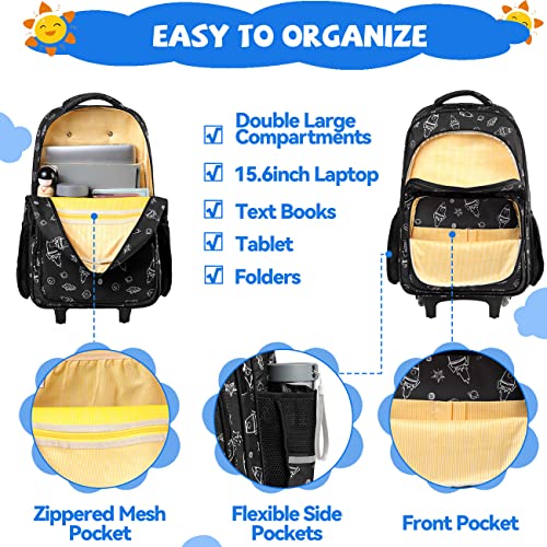 VASCHY Rolling Backpack Kids, 17in Water Resistant Large Schoolbag Carry-on Travel Trip Bag with Wheels for Boys Rockets