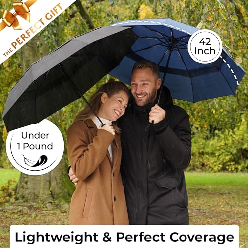 TUMELLA Strongest Windproof Travel Umbrella (Compact, 100MPH Wind-Tested), Light, Portable, One-Handed Use, Automatic Folding Rain Umbrella, Durable, Premium Grip, Fits Car & Backpack - color: Black Blue
