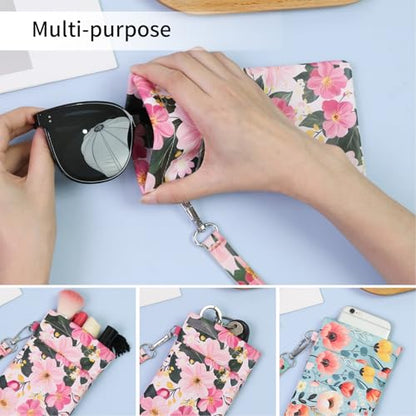 Double Eyeglass Case Soft Dual Glasses Case for Women Men Travel Squeeze Top Sunglasses Cases Eyeglasses Pouch - color: Blue+pink Flower