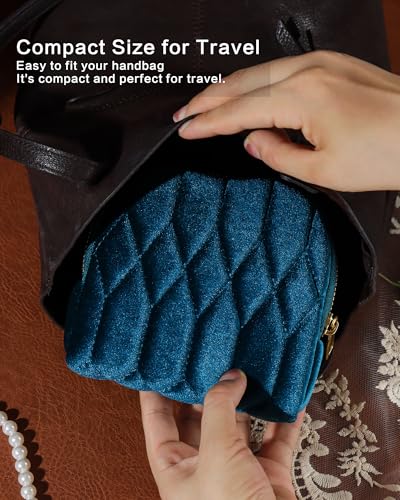 Small Travel Jewelry Case, Velvet Pouch with Zipper, Teal Blue - color: TealBlue