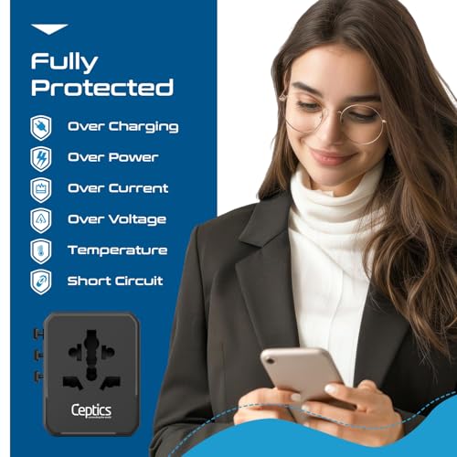 Ceptics 8 in 1 Universal Travel Adapter 45W, 3 Inputs, 2 USB-A + 3 USB-C - color: Black