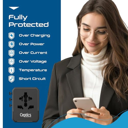 Ceptics 8 in 1 Universal Travel Adapter 45W, 3 Inputs, 2 USB-A + 3 USB-C - color: Black