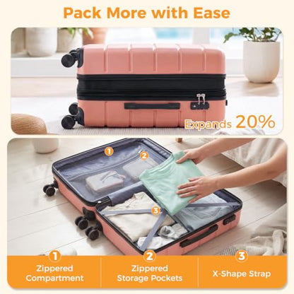 NEWBULIG 24 Inch Checked Luggage, Hard Shell Suitcase with Wheels, Pink - color: Pink, size: 24 Inch