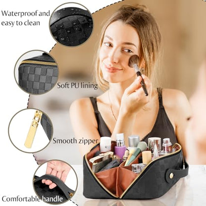 ALEXTINA Travel Makeup Bag, Checkered PU Leather Cosmetic Bag, Black - color: black, size: Medium