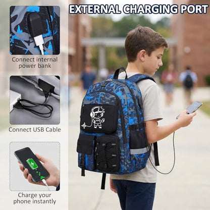 School Backpack for Boys - 3pcs Gamer Boys Backpack with Lunch Box Set for Kids Teens Elementary Middle High School,18″ Large Capacity Students Bookbag with Usb Charging Port - color: Blue-people-set