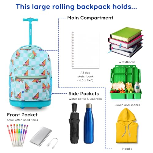 J World Sunrise Kids Rolling Backpack with Wheels for Girls Boys, Roller Bookbag for School, 18 x 13 x 9 Inches, Ice Cone - color: Ice Cone