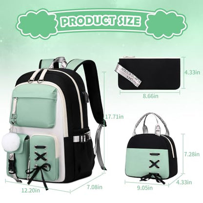 ACESAK 3PCS Teen Girls Backpack with Lunch Bag Set&USB Charging Port,Green - color: Black With Pea Green Accent