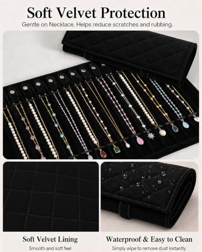 Travel Necklace Organizer, Tangle Free Jewelry Case, 16 Slots - color: Black Diamond