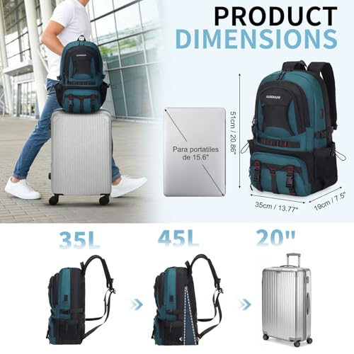 Hiking Daypack Camping Expandable Travel Backpack Men Women 40L - color: Turquoise&black, size: Medium