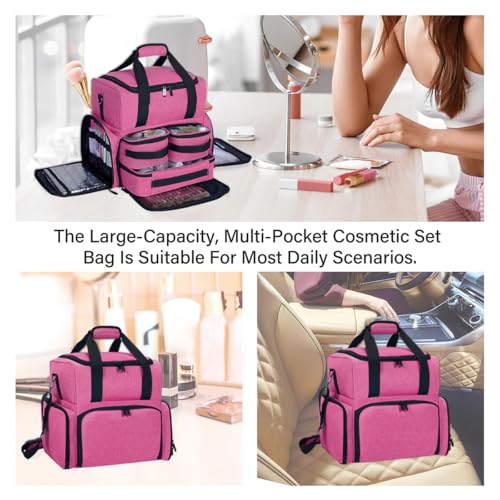 Large Makeup Bag with 3 Removable Case and 2 Removable Dividers,Red - color: Rose Red
