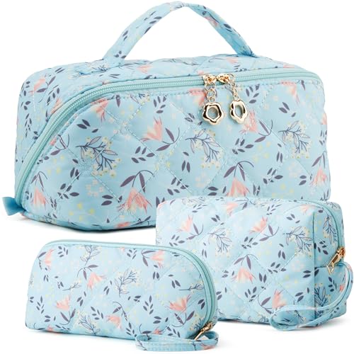 YTL Travel Makeup Bag, Puffer Cosmetic Organizer Bag for Women, 3 Pcs Sets - color: Light Blue Puffer
