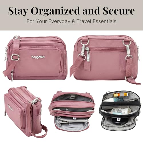 Baggallini Triple Zip with Front Wallet/Trifecta RFID Wallet Crossbody - color: Dusty Mauve