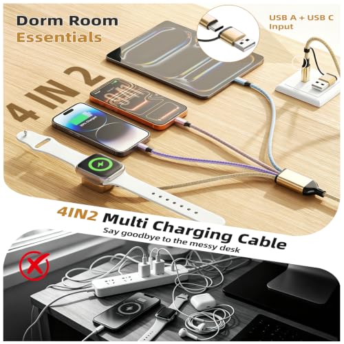 Camping Essentials 4in2 Multi Charging Cable for Apple Watch Charger 5FT2PK - color: Light Golden&Purple&Pink&Blue, size: AC to 2C+L+iWatch