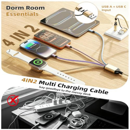 Camping Essentials 4in2 Multi Charging Cable for Apple Watch Charger 5FT2PK - color: Light Golden&Purple&Pink&Blue, size: AC to 2C+L+iWatch