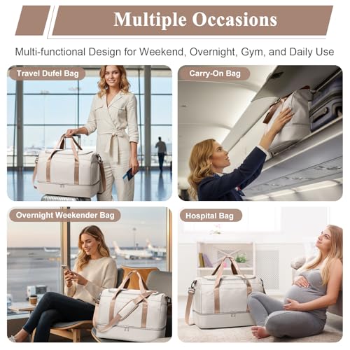 Large Travel Duffle Bag,Carry-on Overnight Weekender Bags for Women - color: Beige & Brown with Toiletry Bag