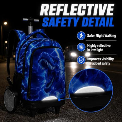 3Pcs Large Rolling Backpack for Boys, 20 Inch Detachable Wheeled Bookbag with Lunch Box, Durable Lightning Dinosaur Roller Backpack for Elementary Middle School (Blue) - color: Large Wheels Dinosaur Blue