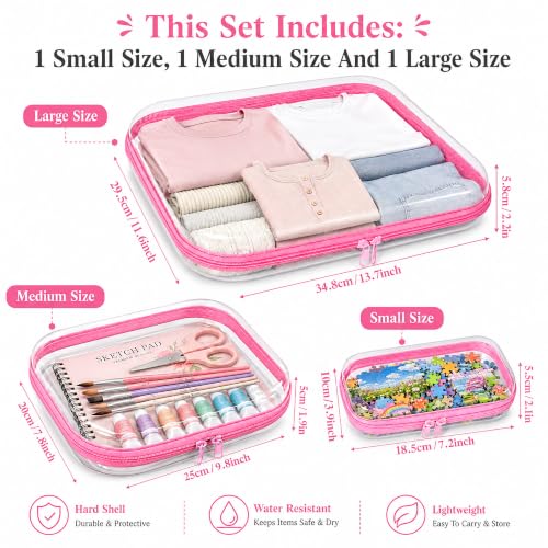 3 PCS Clear Hard Shell Zipper Case, Transparent Zipper Pouch, Pink - color: Pink