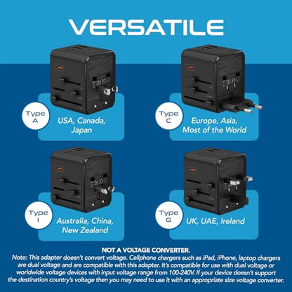 Ceptics 8 in 1 Universal Travel Adapter 45W, 3 Inputs, 2 USB-A + 3 USB-C - color: Black