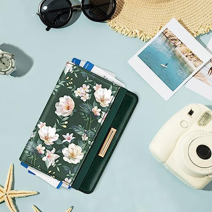 Coco Rossi Passport Holder Cover, RFID Travel Wallet Women Card Holder - color: Green Flower