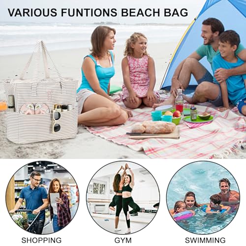 Bluboon Beach Bags for Women, Large Waterproof Tote Bag With Wet Compartment for Pool Weekender Travel Gym - color: Brown Striped Bow