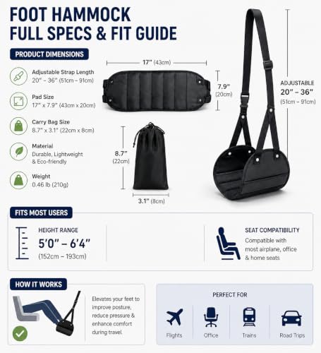 Airplane Foot Hammock 3-in-1 Travel Kit – Adjustable Memory Foam Foot Rest with Eye Mask & Ear Plugs for Long Flights, Office & Car