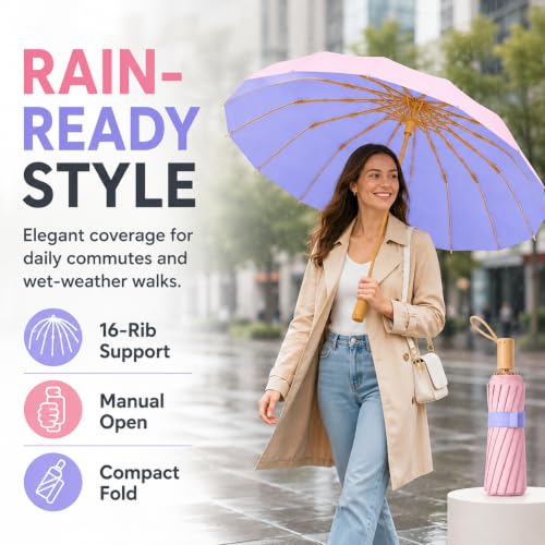 Compact Travel Umbrella with UPF 50+ UV Protection - color: Purple And Pink