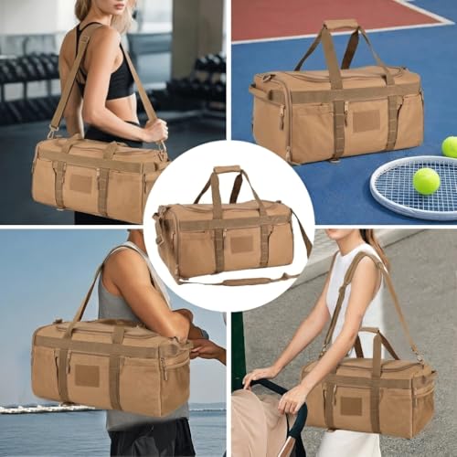 Tactical Duffle Bag with Shoe Compartment, Gym Travel Backpack, 45L - color: khaki