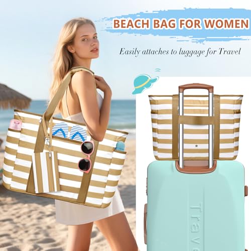 Extra Large Beach Bags for Women Waterproof Sandproof Beach Tote Bag - color: Brown White