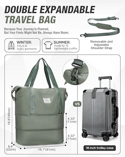 Foldable Travel Bag Expandable Duffle Bag for Women Men, Large Weekend Bags - color: C-Green