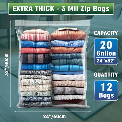 Extra Large 20 Gallon Zippered Plastic Bags for Storage- 24'' x 32'', Ideal for Clothes Clothing, Travel, Moving, 3-mil Extra Thick Clear Plastic, 12 pack - size: 20 gal-12 pack