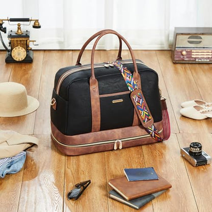 BOSTANTEN Weekender Bags for Women Travel Leather Overnight Bags - color: 0-Black with Brown