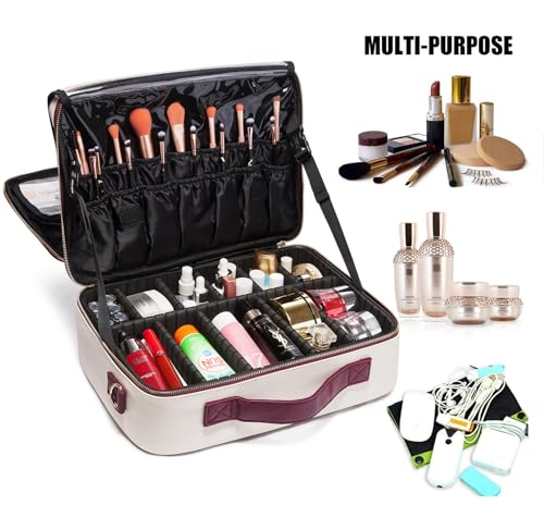 Large Travel Makeup bag, Leather Artist Makeup Train Case Cosmetic Storage Organizer Box with Adjustable Dividers for Makeup Brushes Toiletry - White - color: White