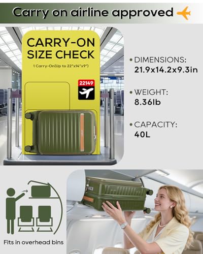 Joyway 20 Inch Carry On Luggage with Front Pocket and Cup Holder, Green - color: Green, size: 20 Inch