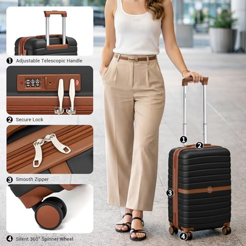 Kono Expandable Carry On Luggage 22x14x9 Airline Approved with Spinner Wheels, 20 Inch Durable PC+ABS Hardshell Travel Suitcase Rolling Luggage with Lock, Black/Brown - color: Black/Brown, size: Carry-on 20-inch