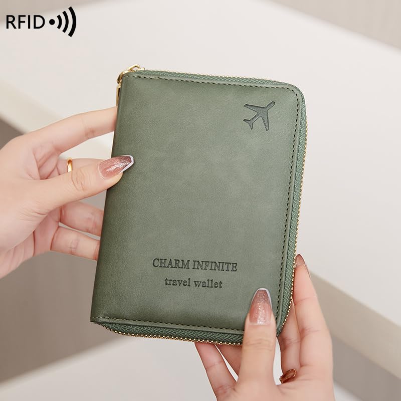 Passport Holder Covers Case with Safe Zipper Closure, RFID Blocking PU Leather Waterproof Travel Wallet for Women Men(Green) - color: Green