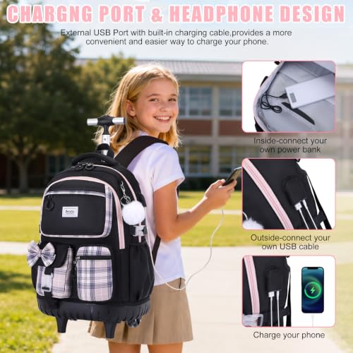 Bevalsa Rolling Backpack for Girls, Roller Backpack with Wheels - color: Black Pink
