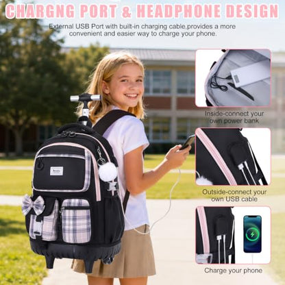 Bevalsa Rolling Backpack for Girls, Roller Backpack with Wheels - color: Black Pink